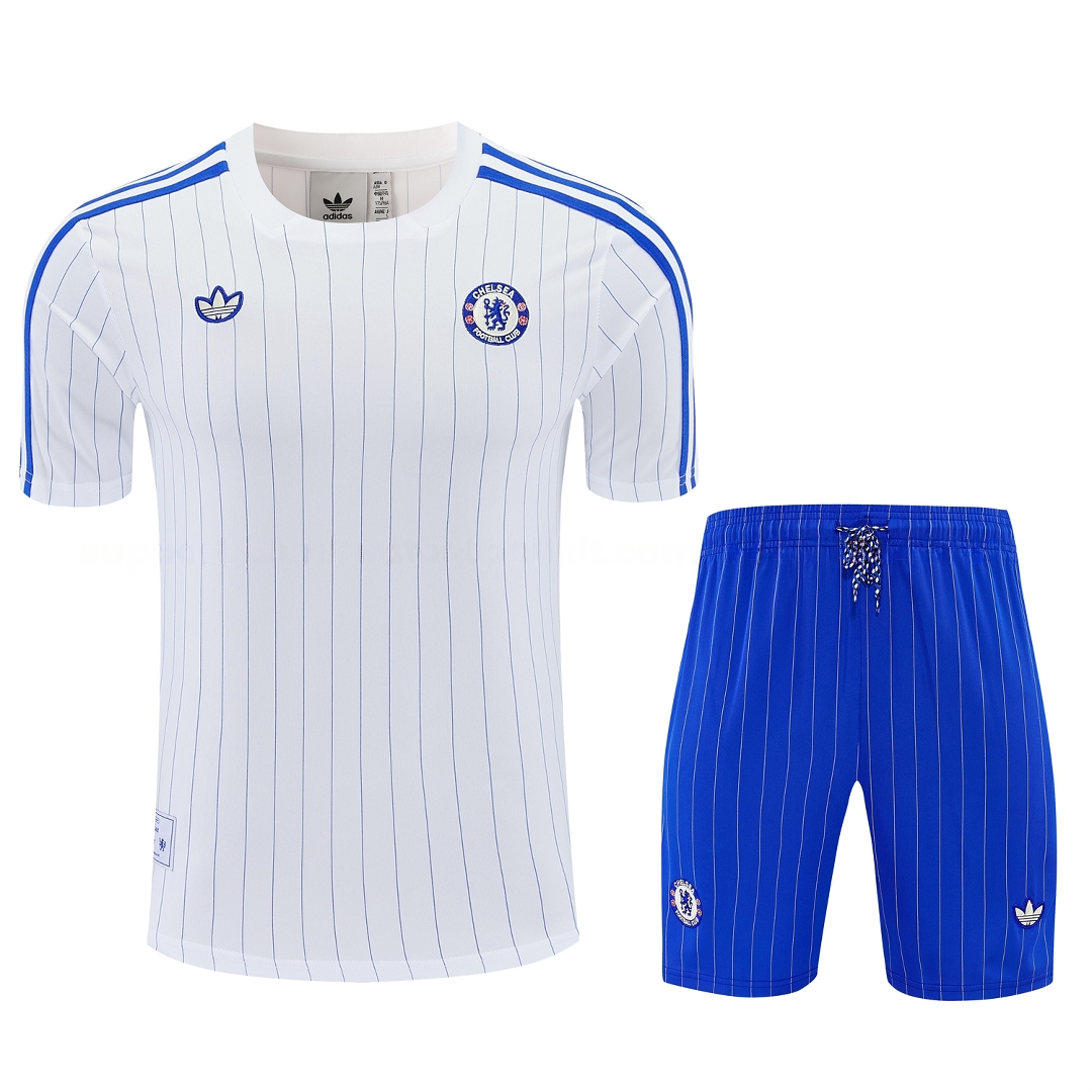 C.H.E.L.S.E.A 25-26 Retro Style Short-Sleeve Training Set - White Top & Blue Stripes Pants - JerseysGala