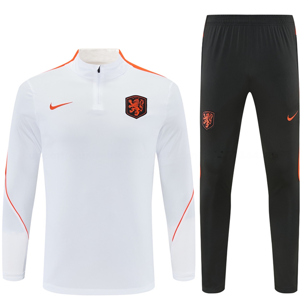 Netherlands 2026 Long Sleeves Training Set - White With Orange Accents Top & Black Pants - JerseysGala