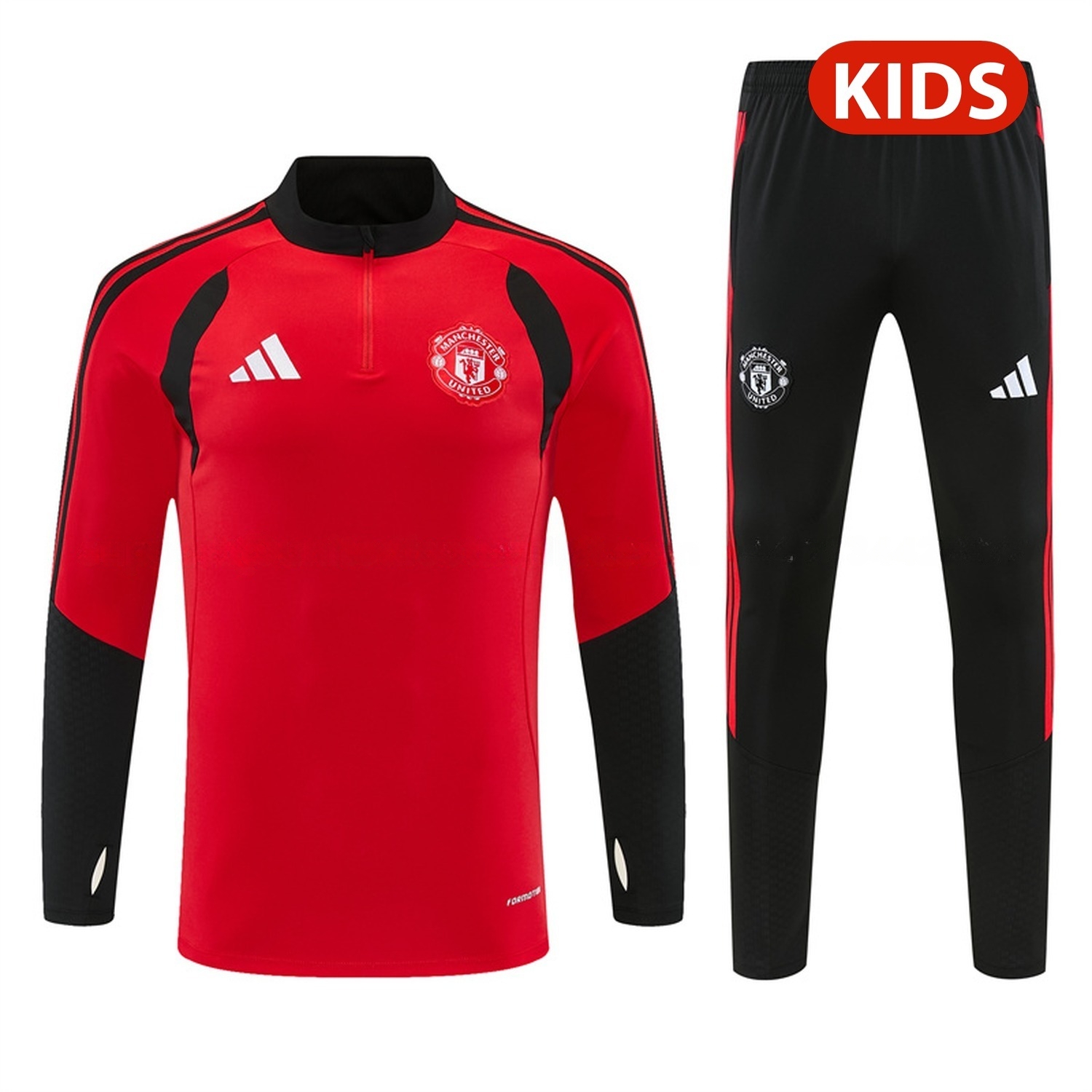 Manchester United 26-27 Black Collar Kids Long Sleeve Training Set - Red Top & Black Pants - JerseysGala