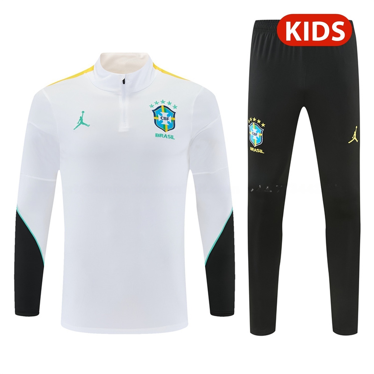 Brazil 2026 Kids Long Sleeve Training Set - White Top & Black Pants - JerseysGala