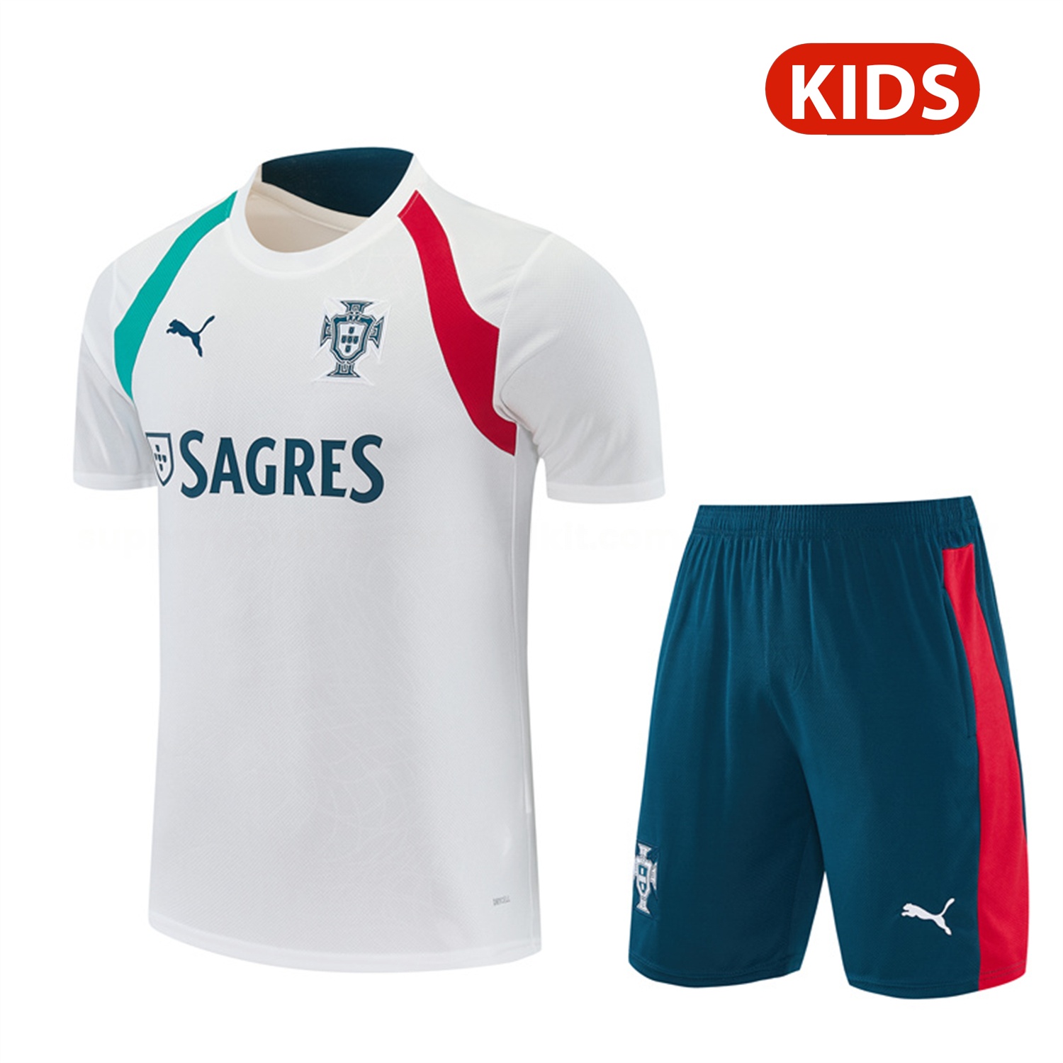 Portugal 2026 Kids Short-Sleeve Training Set - White With Red And Green Accents Top & Dark Blue Pants - JerseysGala