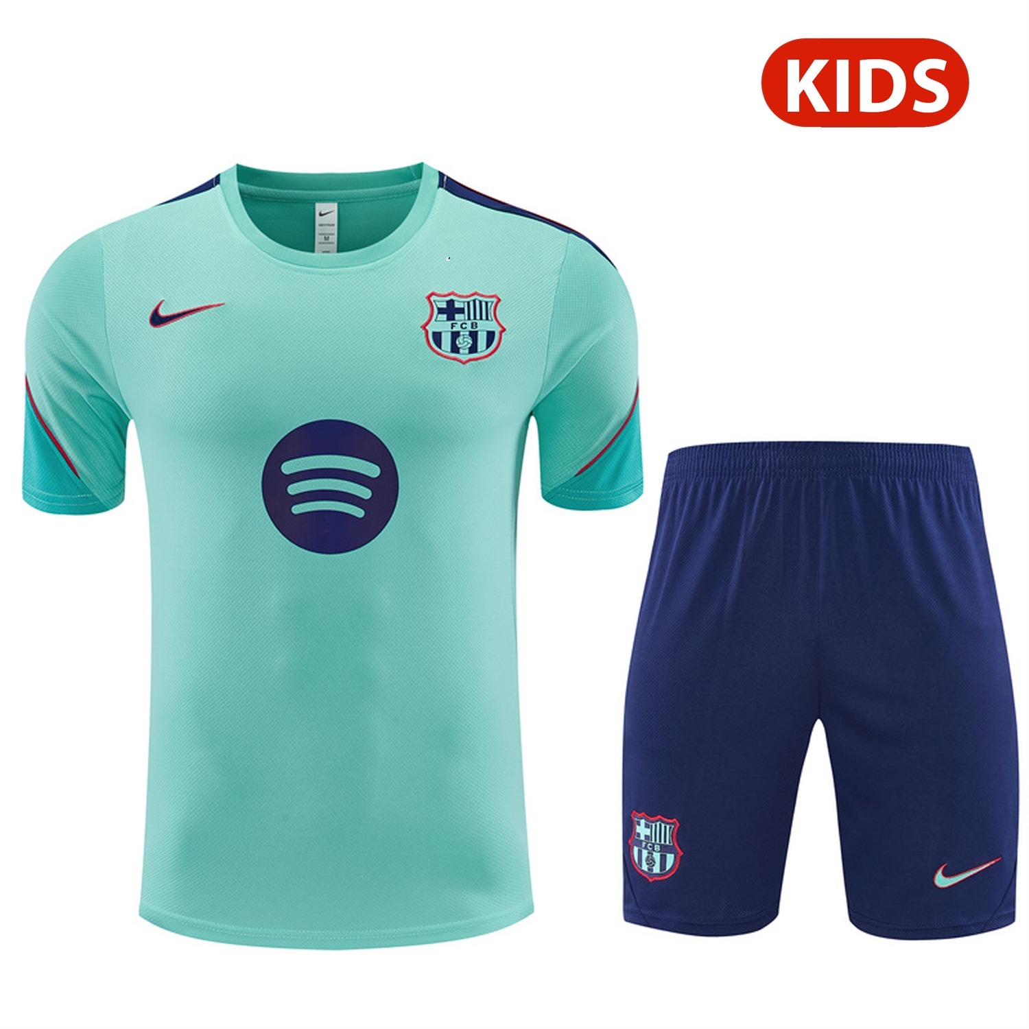 Barcelona 26-27 Kids Short-Sleeve Training Set - Mint Green Top & Deep Blue Shorts - JerseysGala