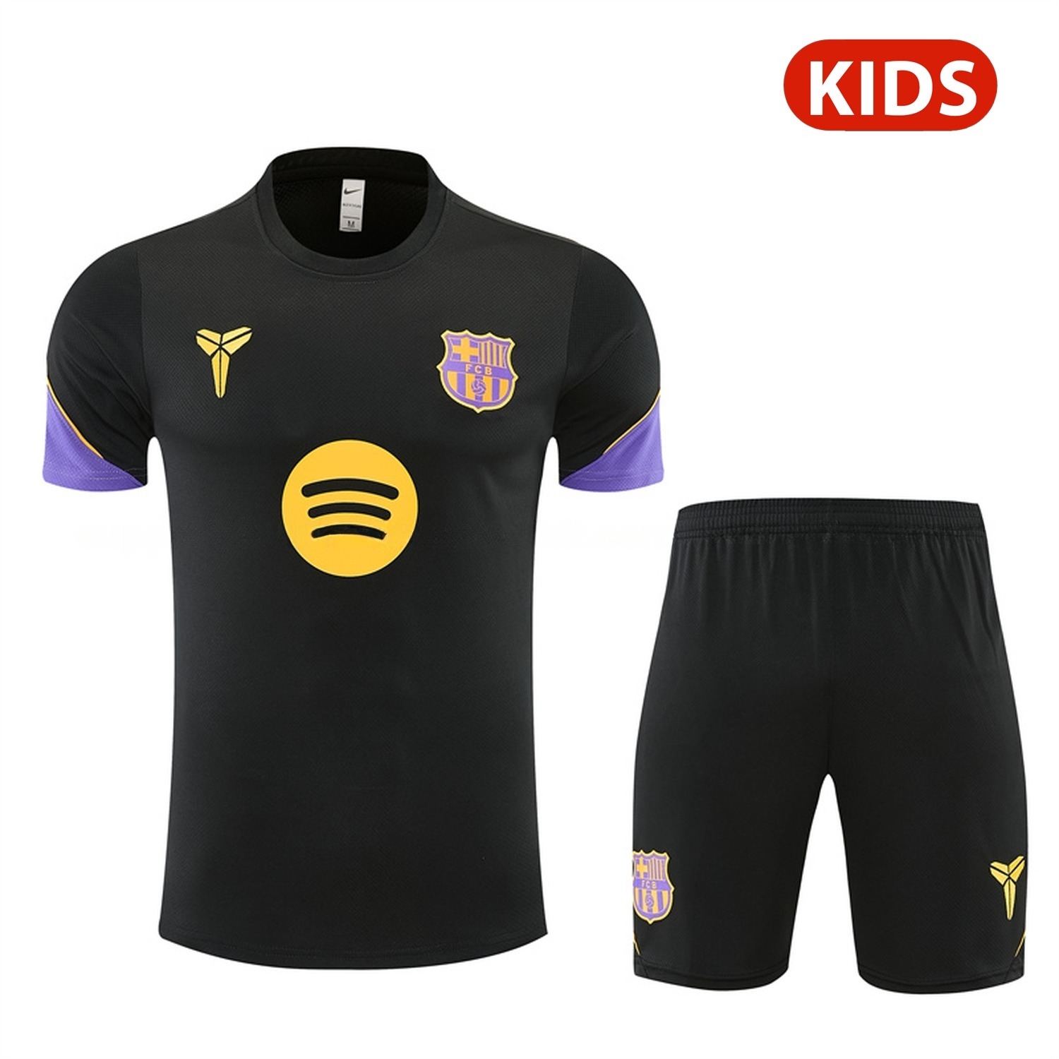 Barcelona 26-27 With Purple Kids Short-Sleeve Training Set - Black Top & Black Shorts - JerseysGala