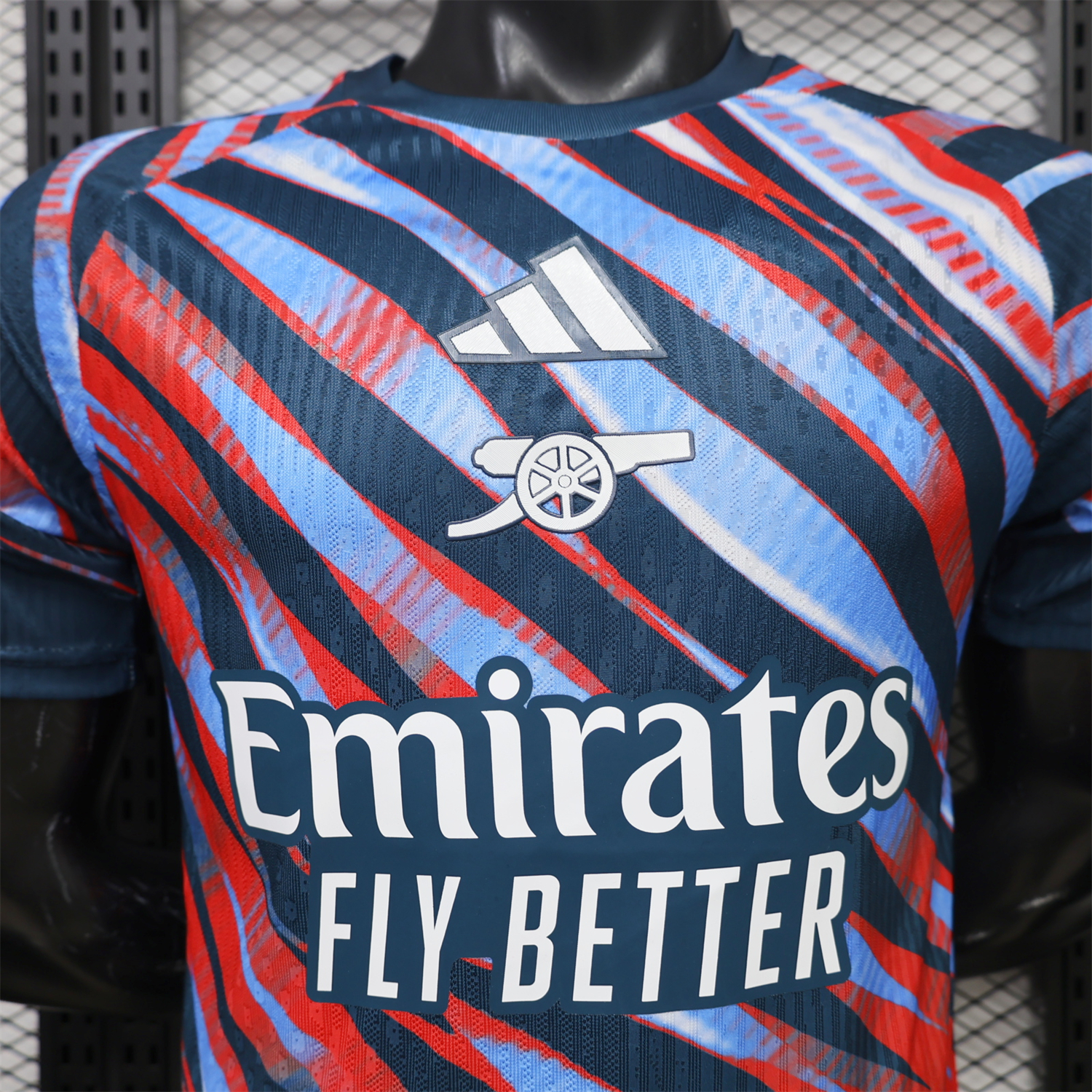 Arsenal 26-27 Red Blue Teal Diagonal Stripes Pre-Match Jersey - Player Version - JerseysGala