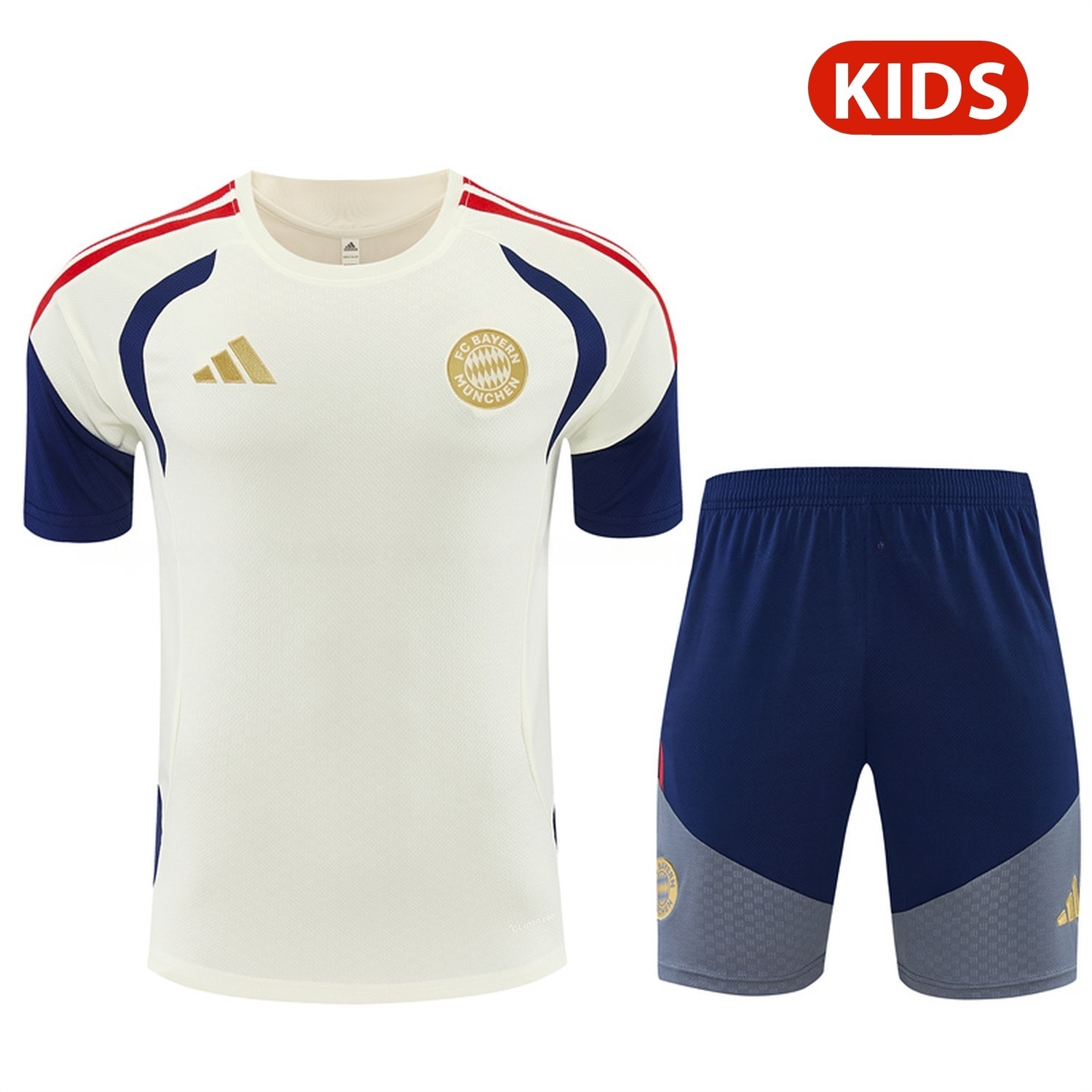 Bayern Munich 26-27 Kids Short-Sleeve Training Set - Cream Top & Deep Blue Shorts - JerseysGala