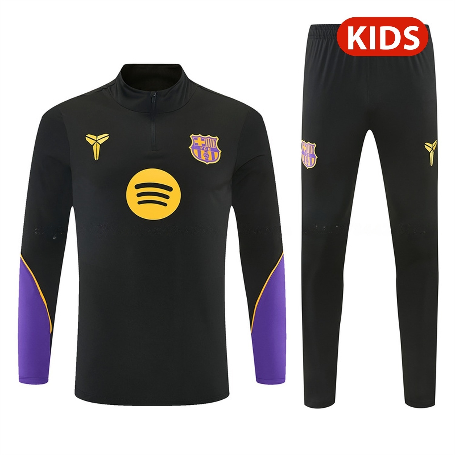 Barcelona 26-27 Purple Trim Kids Long Sleeve Training Set - Black Top & Black Pants - JerseysGala
