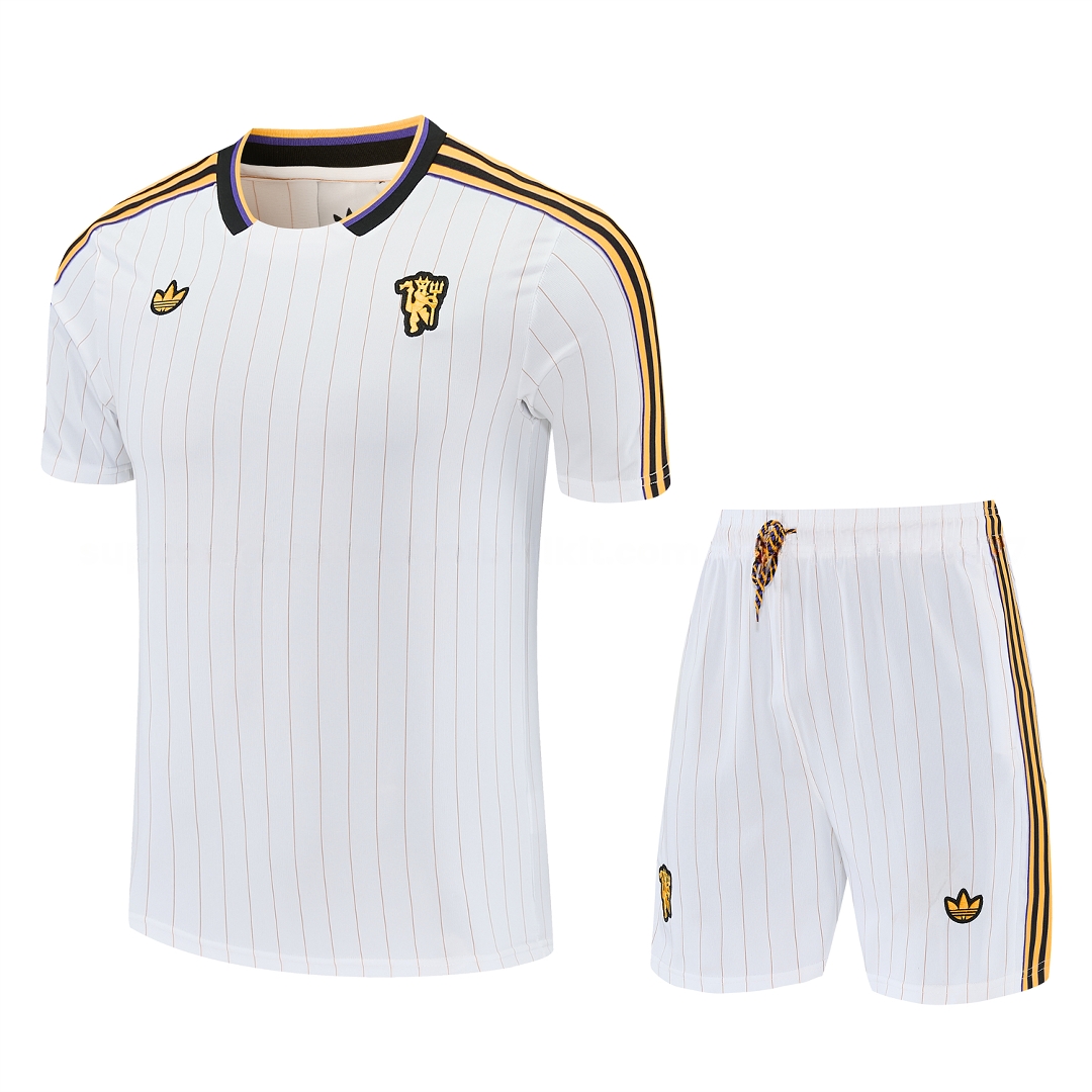 Manchester United 25-26 Retro Style Short-Sleeve Training Set - White With Thin Black Stripes Top & Pants - JerseysGala