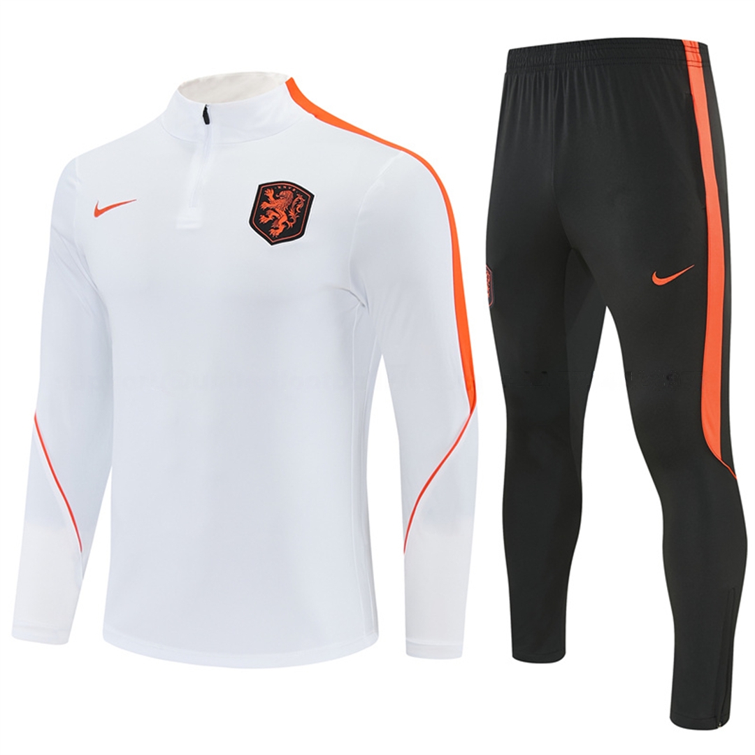 Netherlands 2026 Long Sleeves Training Set - White With Orange Accents Top & Black Pants - JerseysGala