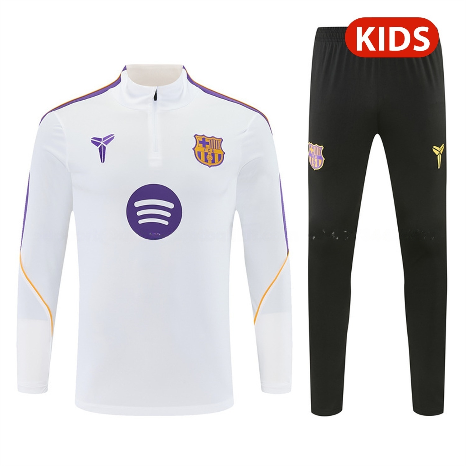 Barcelona 26-27 Purple Trim Kids Long Sleeve Training Set - White Top & Black Pants - JerseysGala
