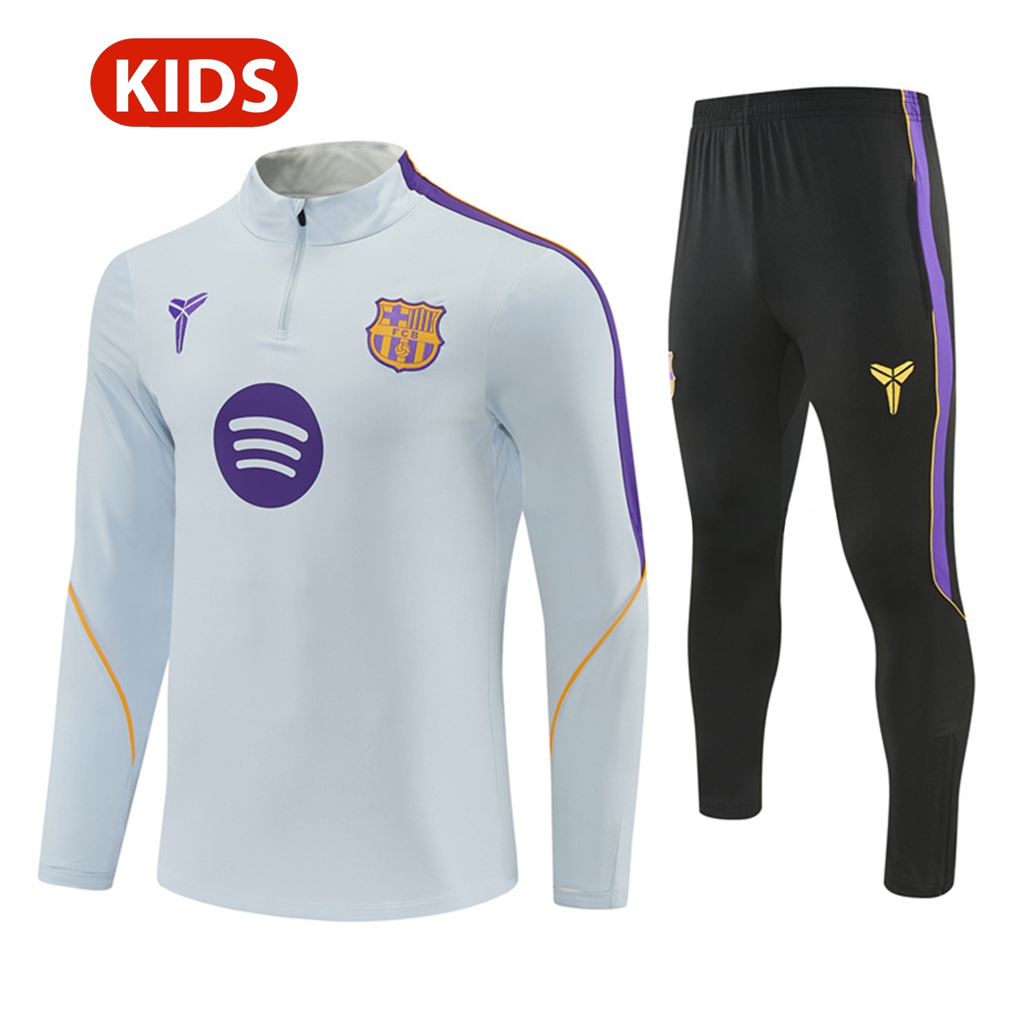 Barcelona 26-27 Kids Long Sleeves Training Set - Light Grey Top & Black Pants - JerseysGala