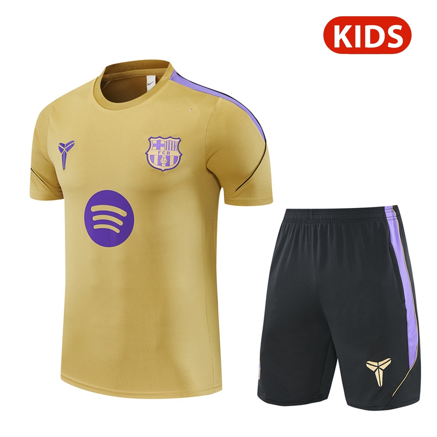 Barcelona 26-27 Kids Short-Sleeve Training Set - Gold Top & Black Shorts - JerseysGala