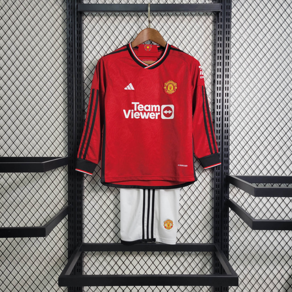 Manchester United 23-24 Home Stadium Long Sleeve Kids Kit - JerseysGala