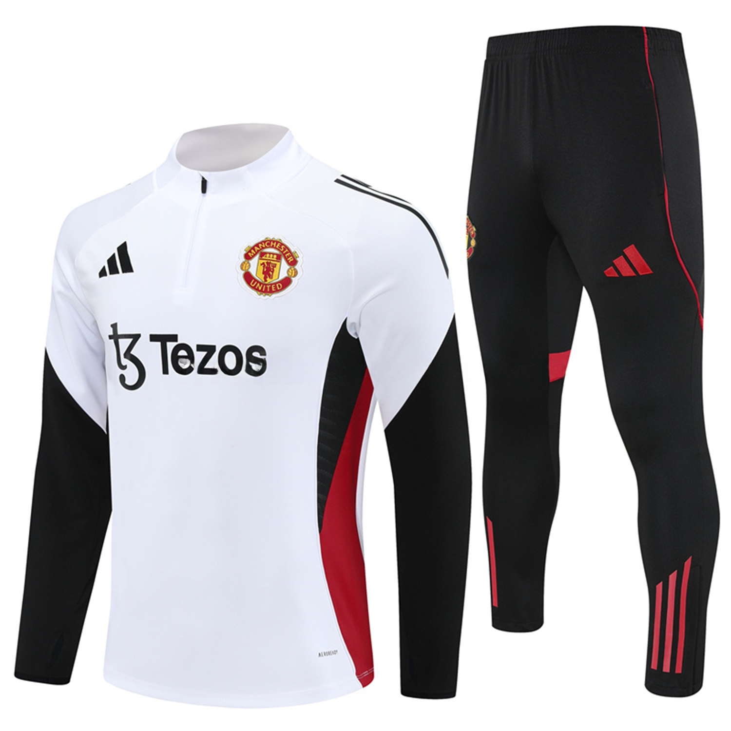 Manchester United 25-26 Long Sleeves Training Set - White Top & Black Pants - JerseysGala