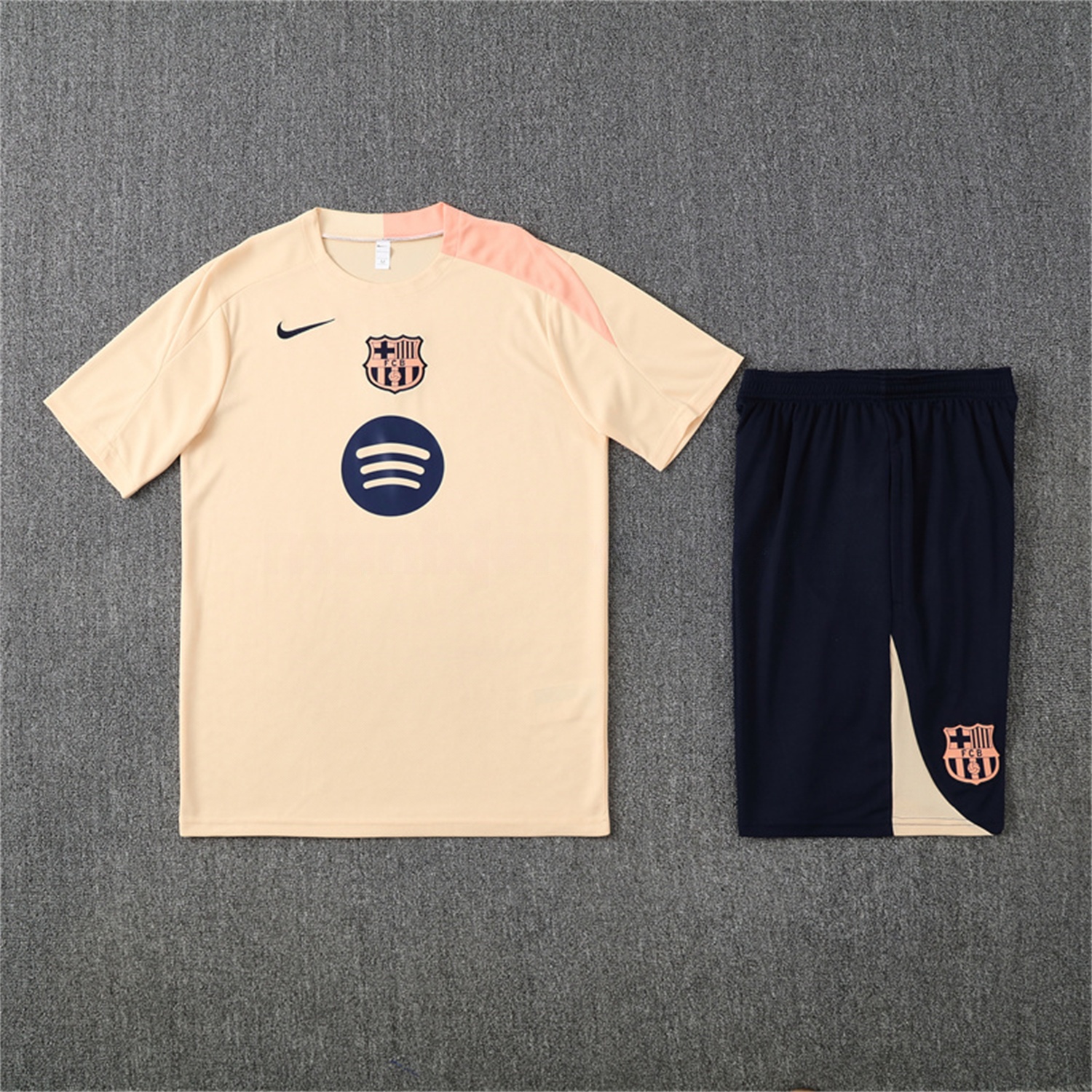 Barcelona 25-26 Short-Sleeve Training Set - Beige Top & Blue Shorts - JerseysGala