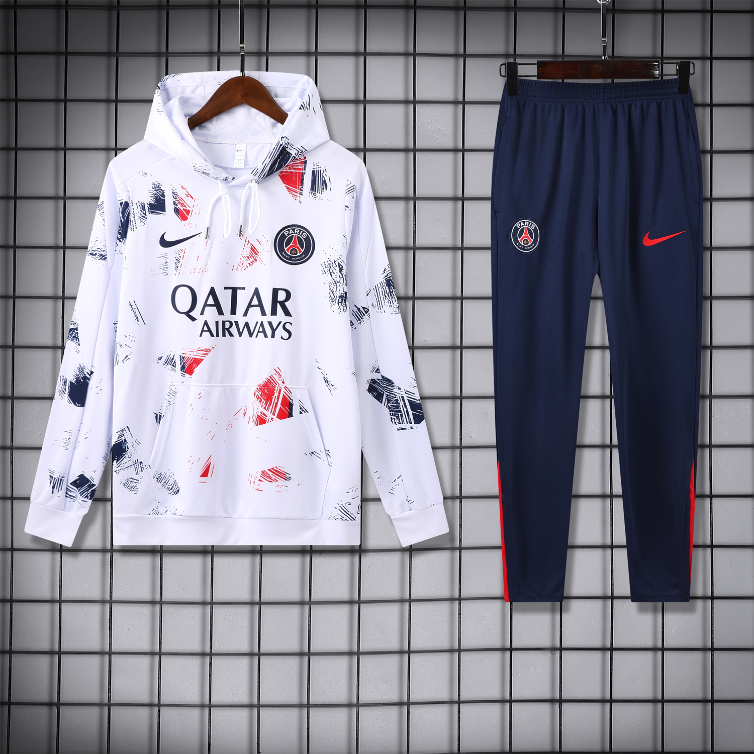Paris Saint-Germain PSG 24-25 Training Hoodie Set - White Hoodie and Deep Blue Pants - JerseysGala