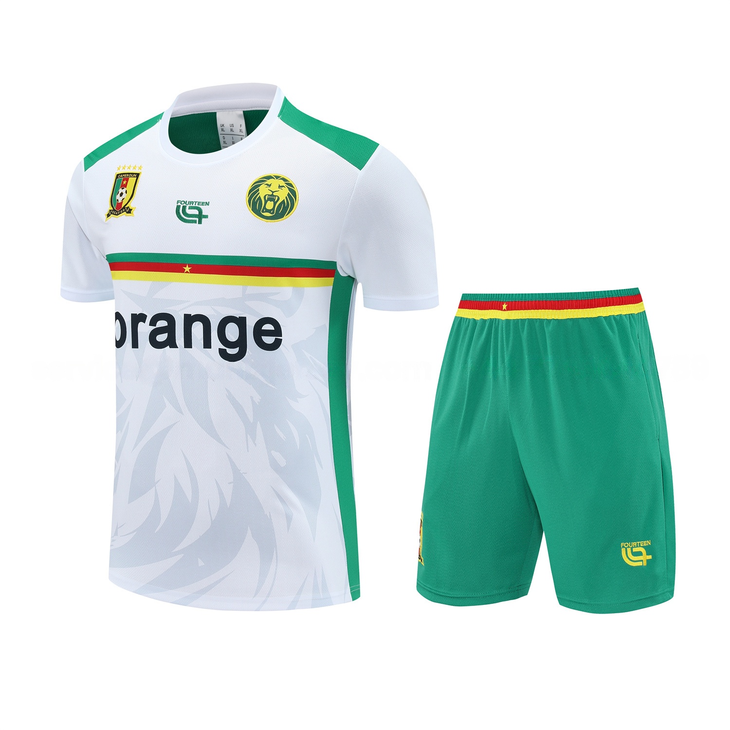 Cameroon 25-26 Short-Sleeve Training Set - White Top and Green Shorts - JerseysGala