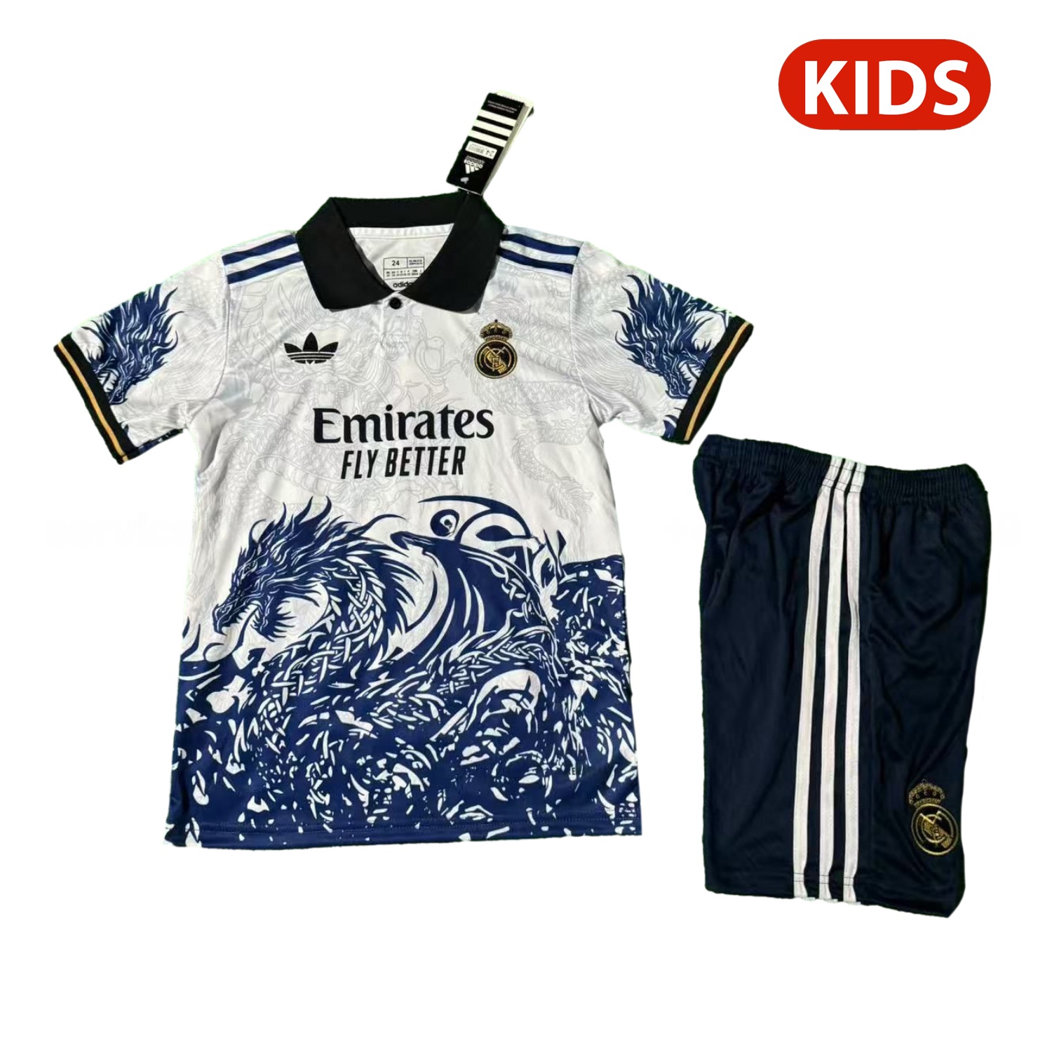 Real Madrid 25-26 Blue Fire Dragon White Special Polo Kids Kit - JerseysGala