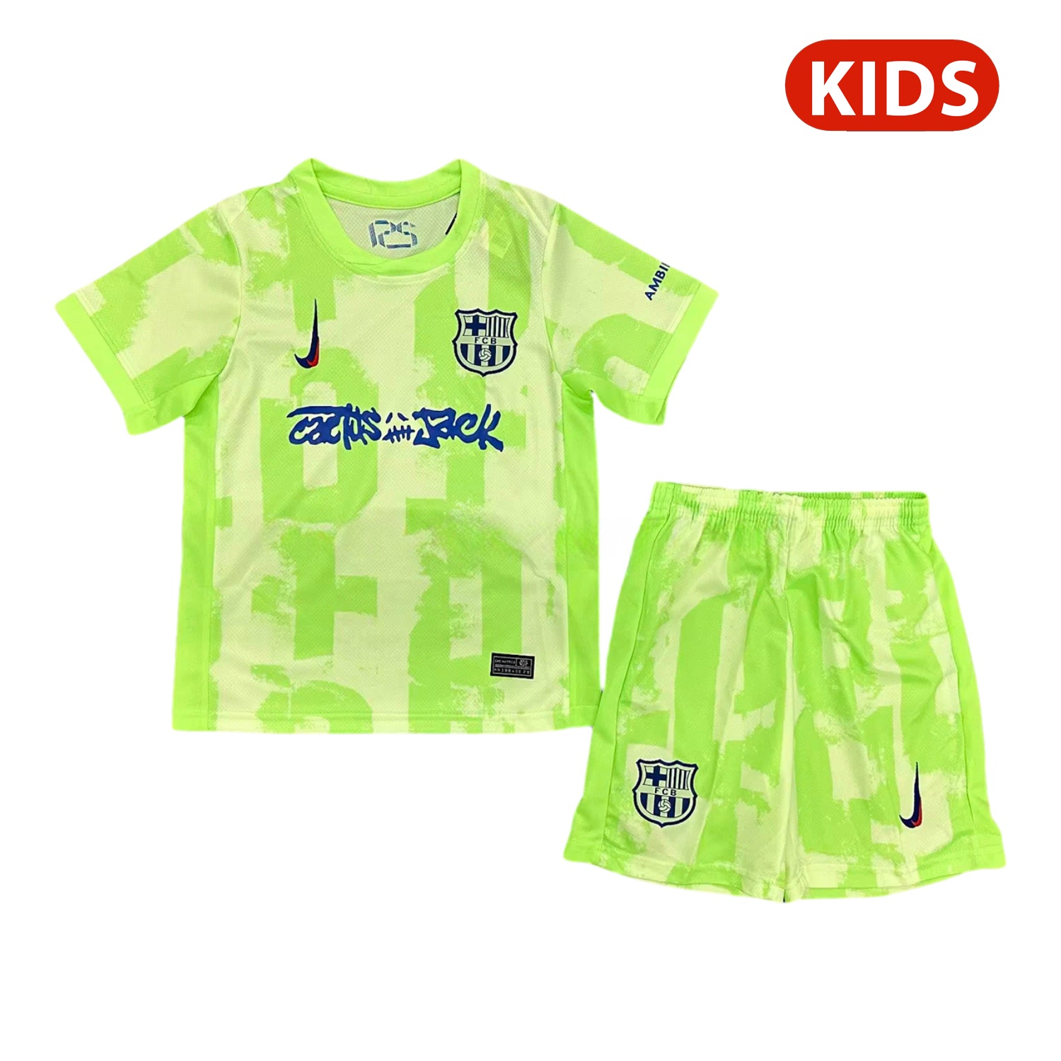 Barcelona x Travis Scott 24-25 Third Green Kids Kit - JerseysGala