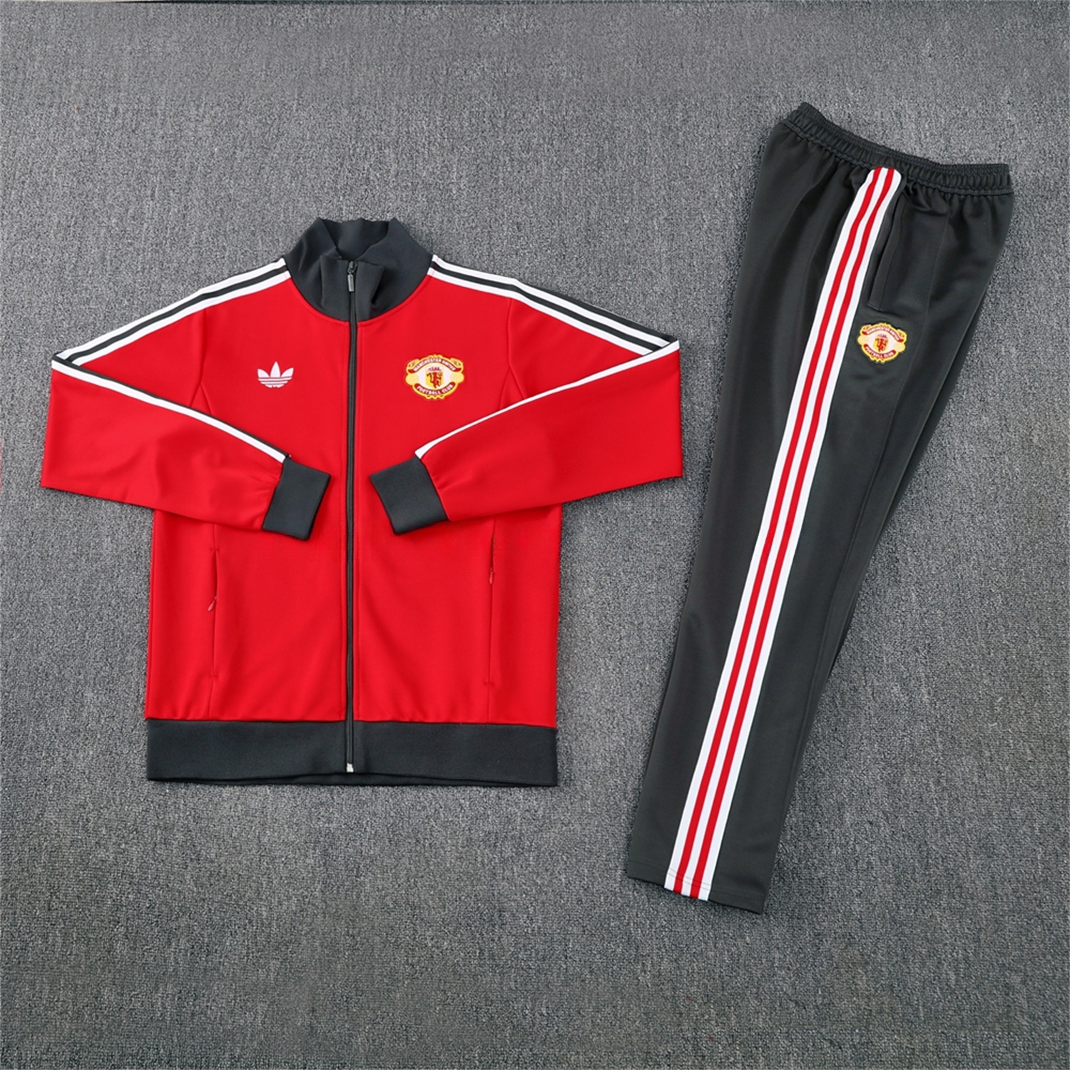 Manchester United 24-25 Throwback Jacket Training Tracksuit - Red Jackets & Grey Pants - JerseysGala