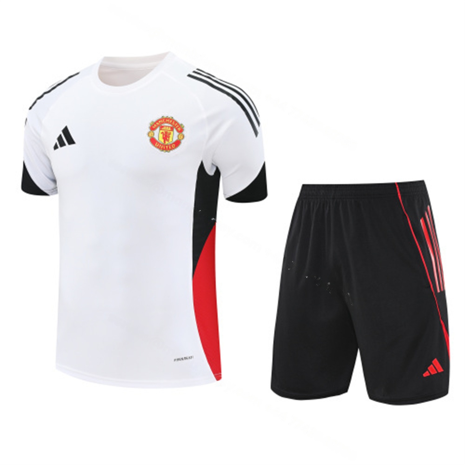 Manchester United 25-26 Short-Sleeve Training Set - Red Black Blocks White Top & Black Shorts - JerseysGala
