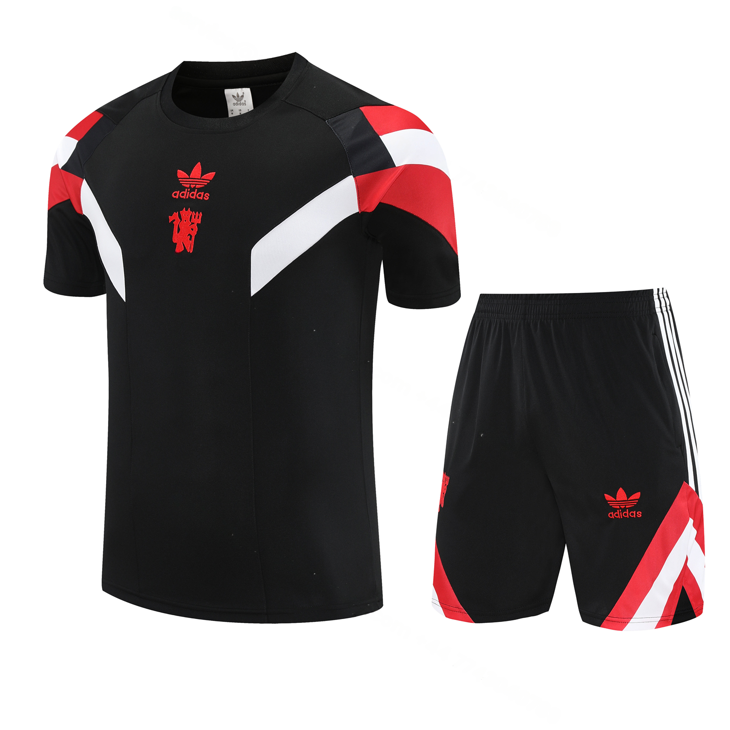 Manchester United 25-26 Short-Sleeve Training Set - Red Devil Black Top & Black Shorts - JerseysGala