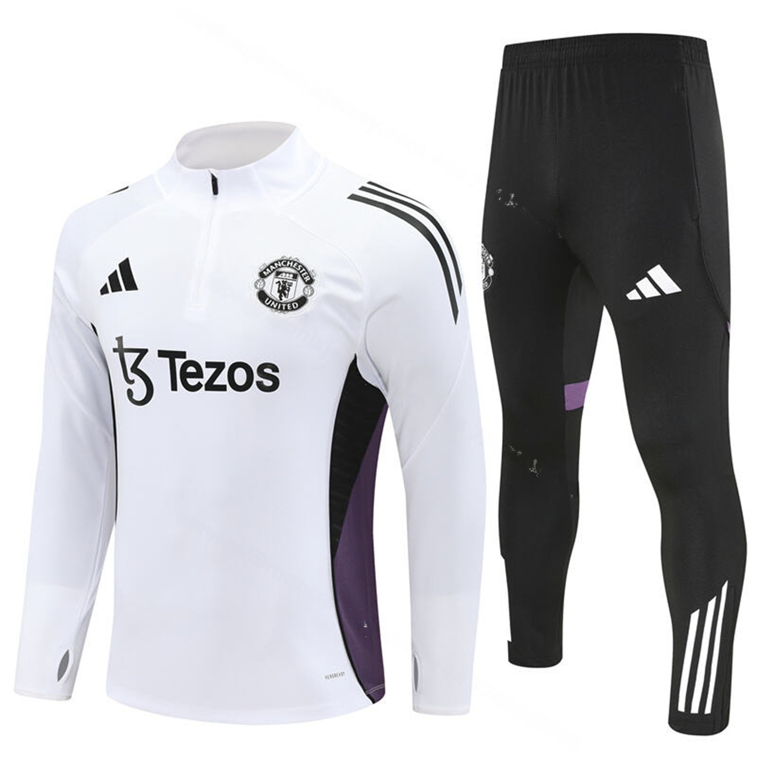 Manchester United 25-26 Long Sleeve Training Set - White Top & Black Pants - JerseysGala
