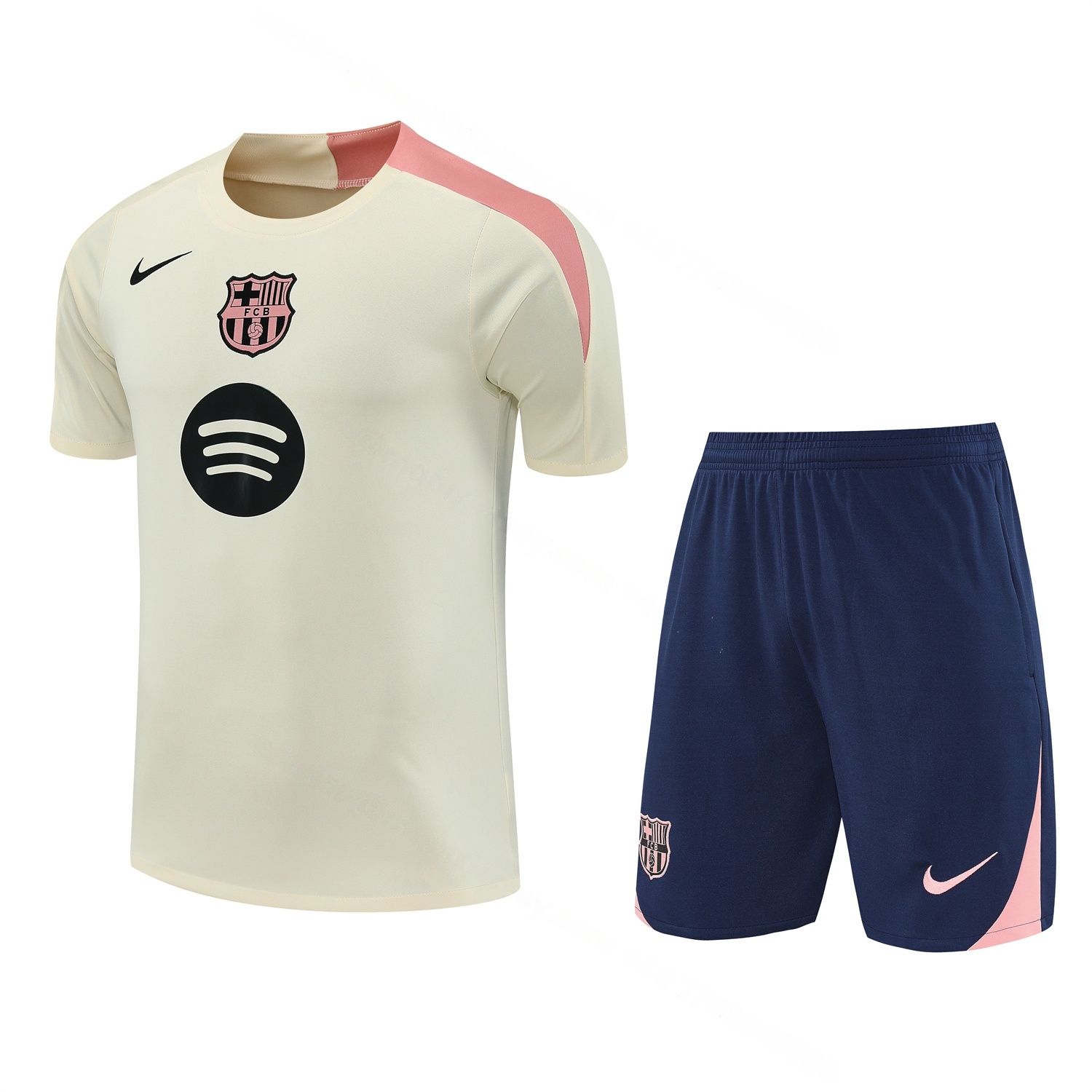 Barcelona 25-26 Short-Sleeve Training Set - Cream Top & Deep Blue Shorts - JerseysGala