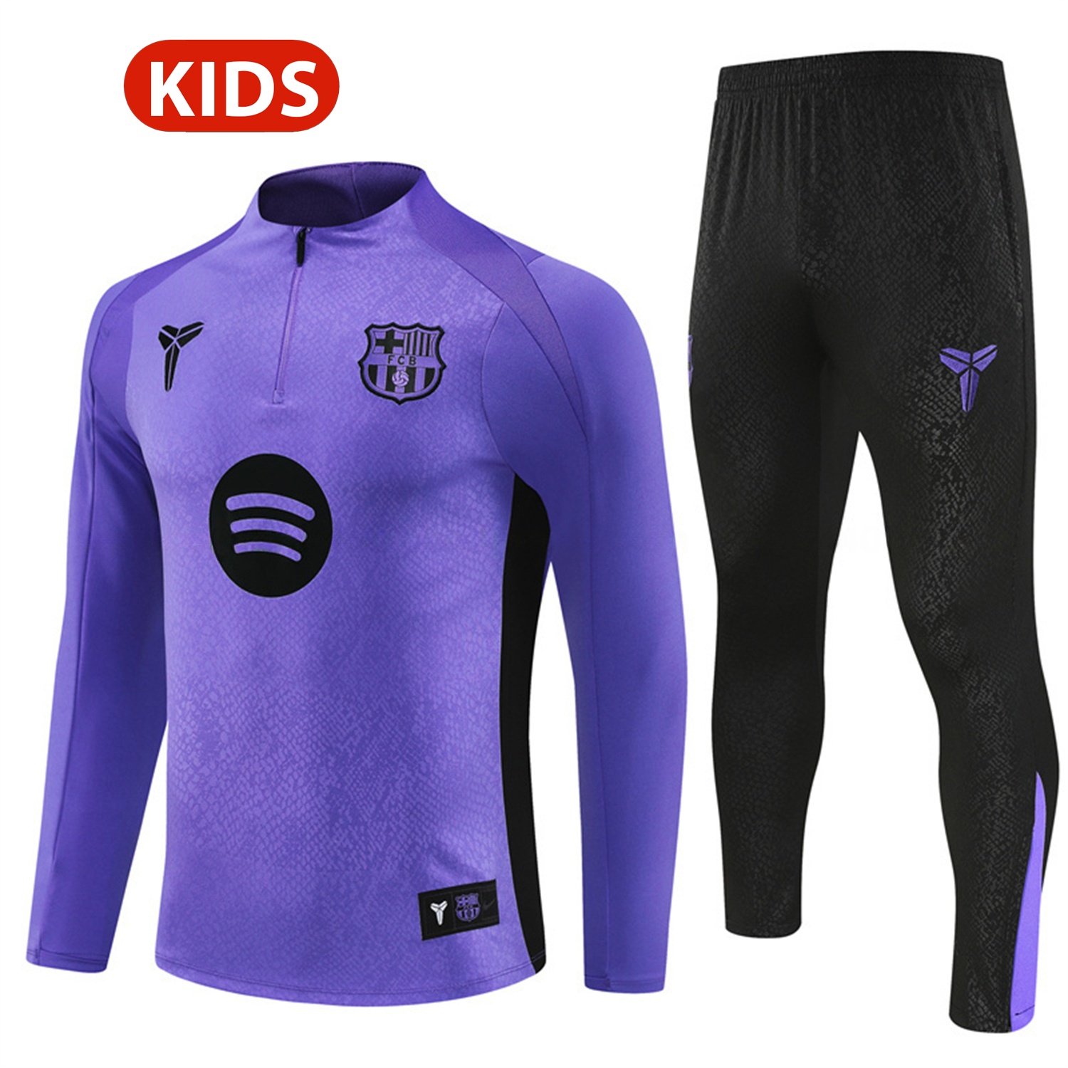 Barcelona 25-26 X KB Kids Long Sleeve Training Set - Purple Top & Black Pants - JerseysGala