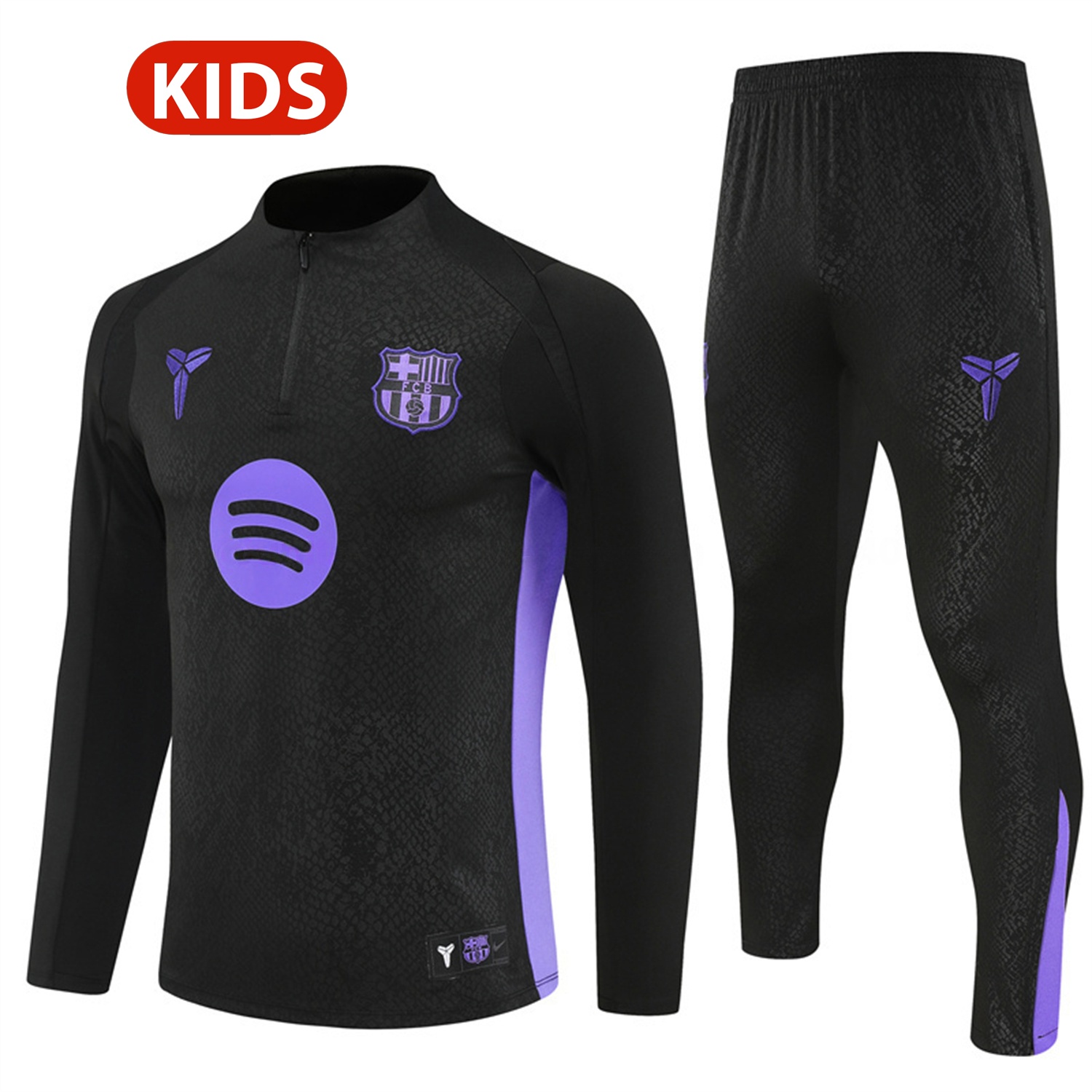 Barcelona 25-26 X KB Kids Long Sleeve Training Set - Black Top & Black Pants - JerseysGala