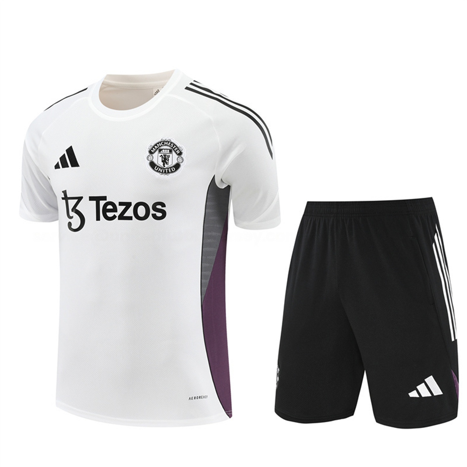 Manchester United 25-26 Short-Sleeve Training Set - White Purple Top & Black Shorts - JerseysGala