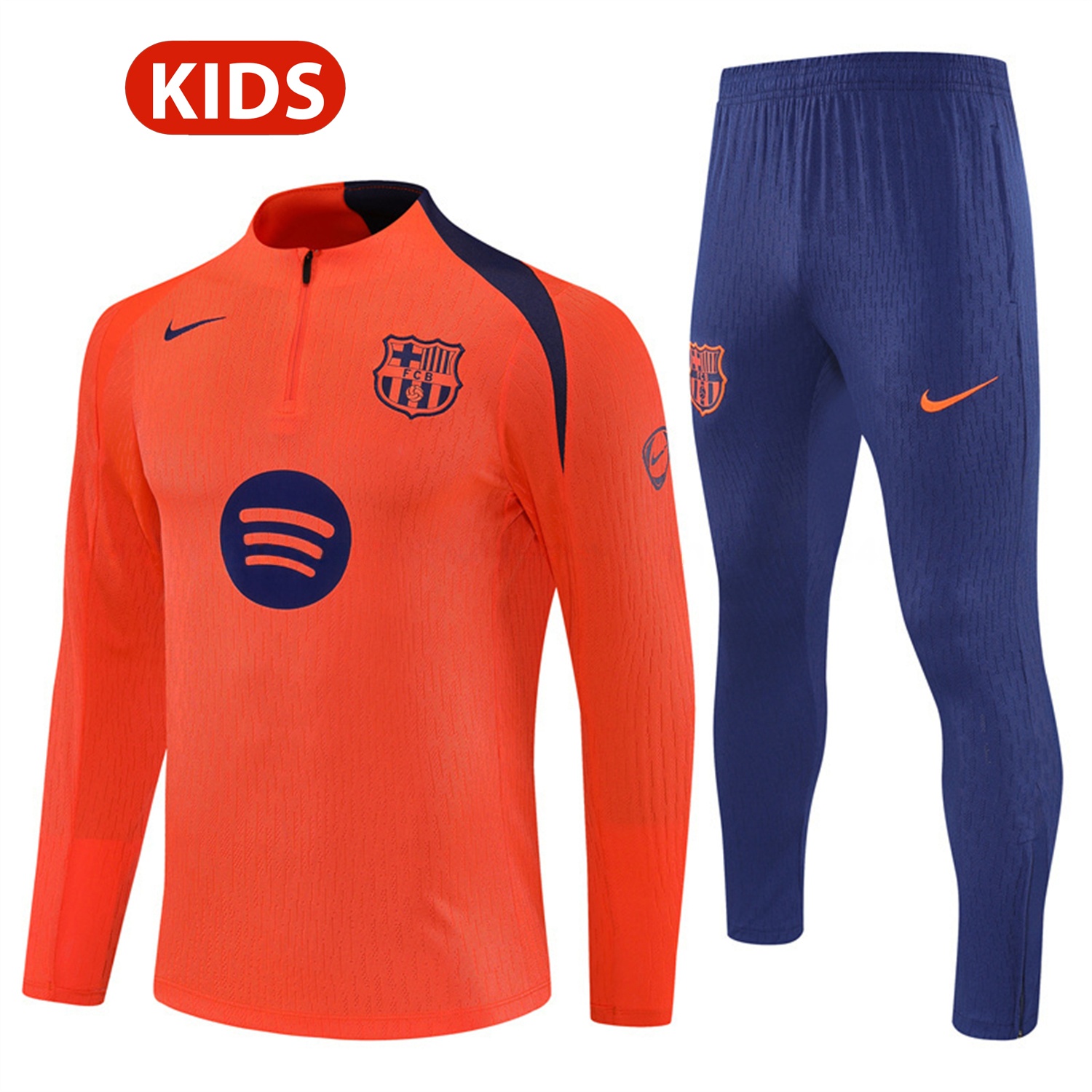 Barcelona 25-26 Kids Long Sleeve Training Set - Orange Top Royal Blue Sponsor & Royal Blue Pants - JerseysGala