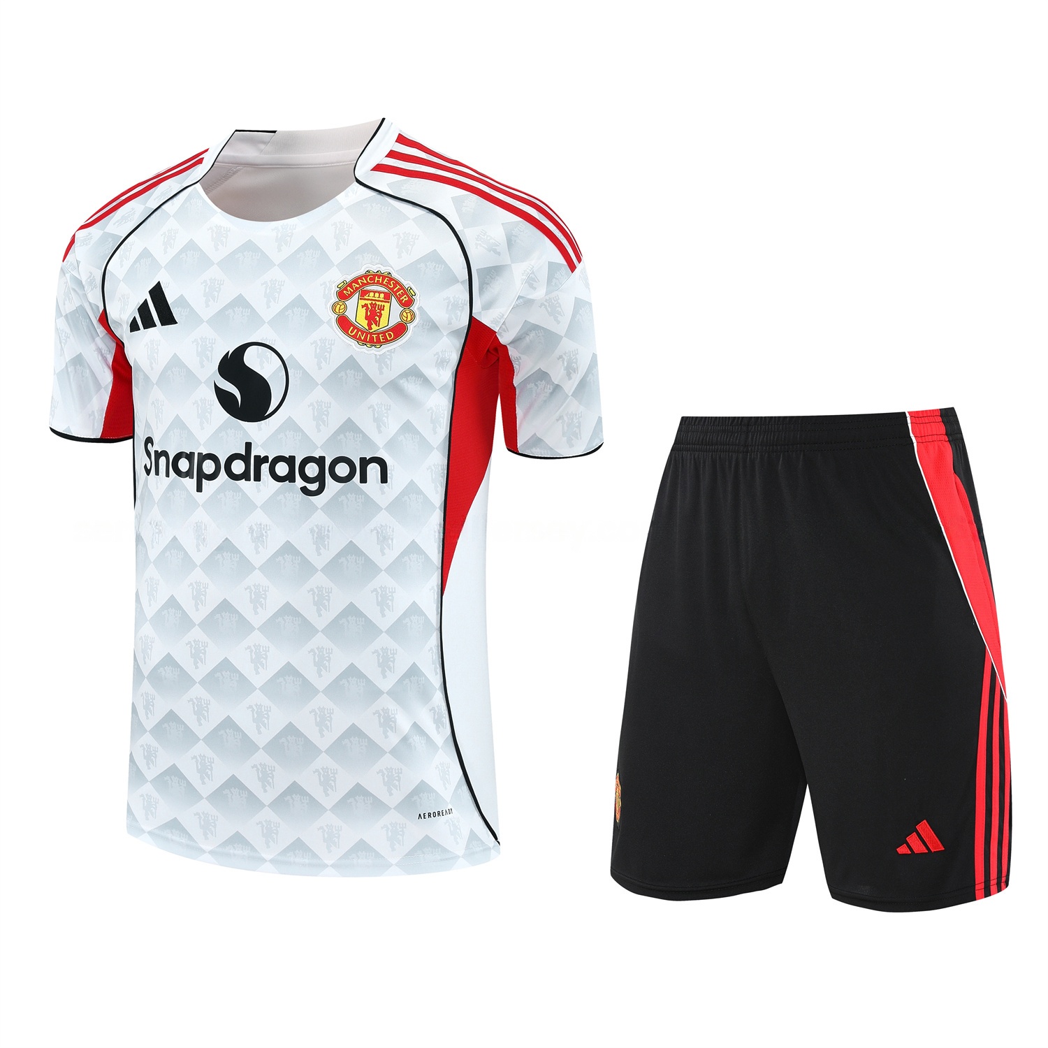 Manchester United 25-26 Short-Sleeve Training Set - Red Edge White Top & Black Shorts - JerseysGala