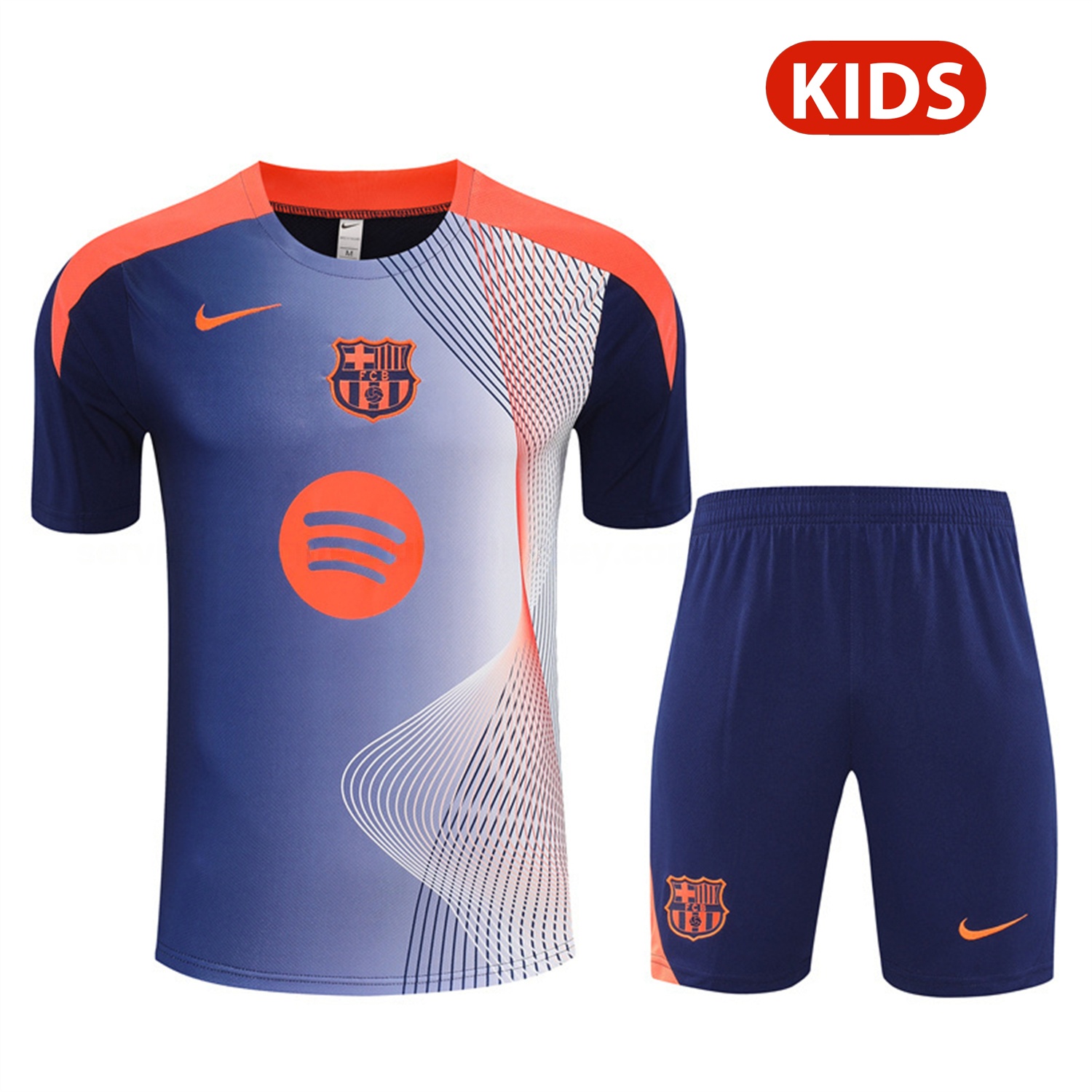 Barcelona 25-26 Kids Short-Sleeve Training Set - Red Blue Line Top & Blue Shorts - JerseysGala