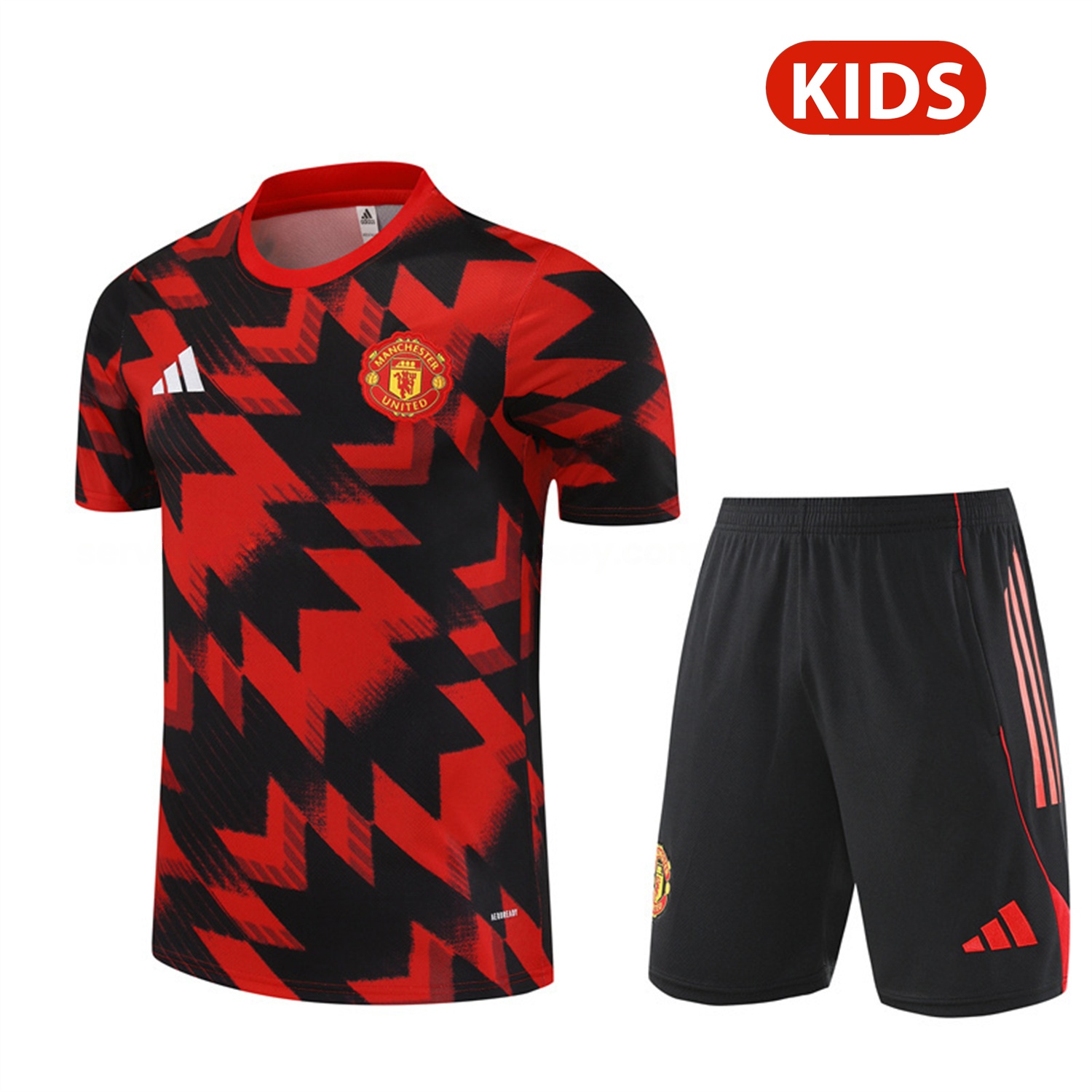 Manchester United 25-26 Kids Short-Sleeve Training Set - Red Camouflage Top & Black Shorts - JerseysGala