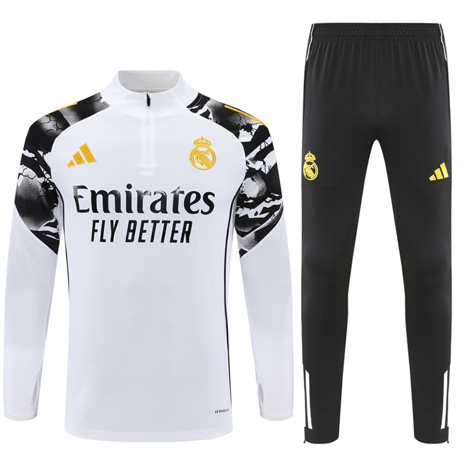 Real Madrid 25-26 Kids Long Sleeve Training Set - White Top & Black Pants - JerseysGala