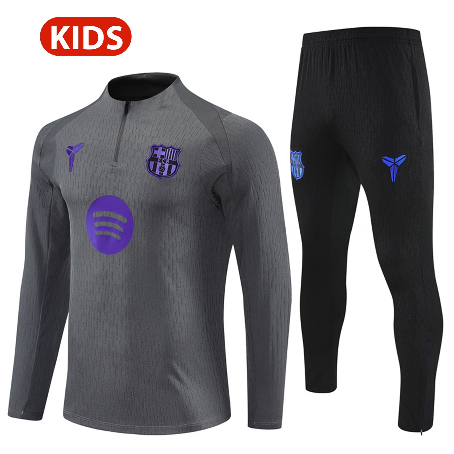 Barcelona 25-26 Kids Long Sleeve Training Set - Grey Top & Black Pants - JerseysGala